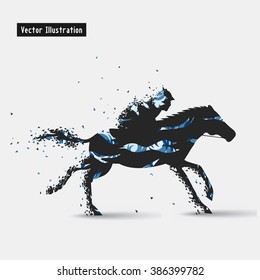 Horseback riding. Vector eps10 illustration. Particle divergent composition