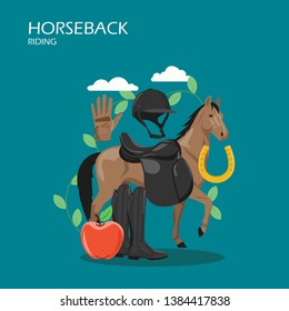 Horseback riding vector flat illustration. Race horse with sadle, helmet, glove, boots, apple and horseshoe. Horseback rider clothes, horse riding gear and tack accessories for web banner webpage etc.