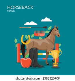 Horseback riding vector flat style design illustration. Race horse, jumping barrier, comb, boots, award cup, apple and horseshoe. Horse racing equipment, equestrian sport set for web banner, webpage.