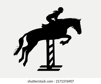 Horseback Riding Woman Silhouette, Horse Riding Galop Jumping Over Obstacle Illustration.