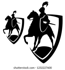 horseback royal knight silhouette design - black and white vector outline of heraldic shield and medieval warrior