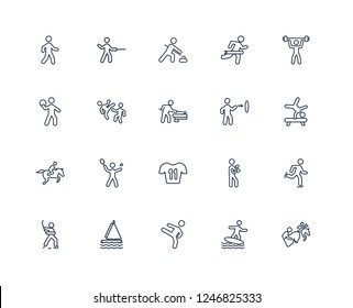 Horseball, Surf, Kung Fu, Sailboat Sport, Ice Hockey, Powerlifting, Dart Board, Football Jersey, Horse Racing, Kickboxing, Curling Outline Vector Icons From 20 Set