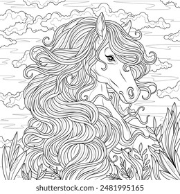 Horse.Coloring book antistress for children and adults. Illustration isolated on white background. Hand draw