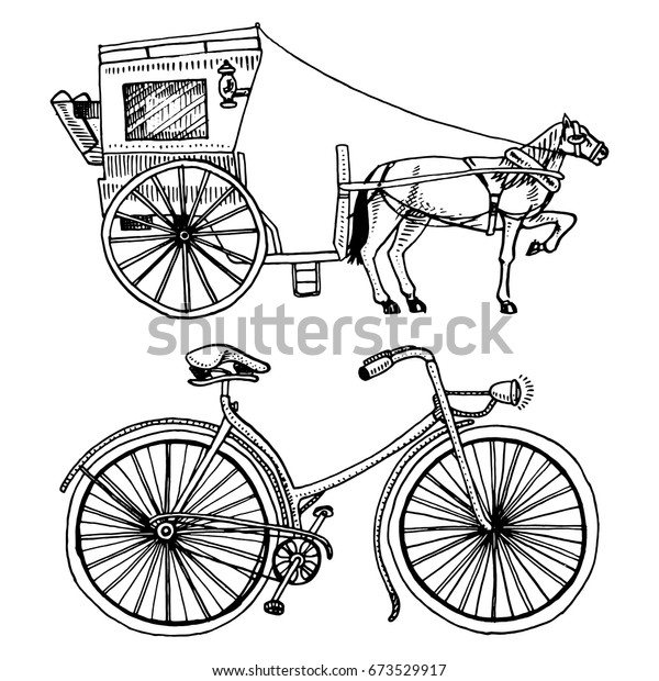 馬車又は馬車及び自転車 自転車又は速度旅のイラスト 古いスケッチスタイルで描かれた刻印された手 ビンテージ輸送 のベクター画像素材 ロイヤリティフリー