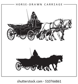 Horse-drawn Carriage. Horse Cart with Coachman and Two Horses. 
Isolated monochrome vector image and silhouette. 