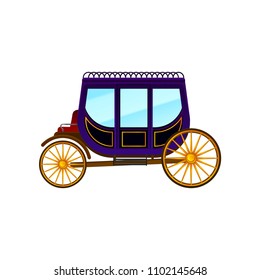 Horse-drawn carriage with large purple cab and big gold wheels. Vintage passengers transport. Flat vector icon of antique wagon