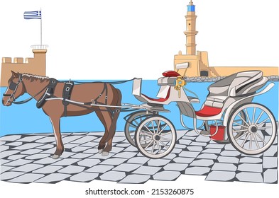 Horse-drawn carriage on the waterfront in the old port Chania. Crete.