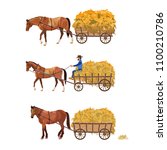 Horse-drawn cart with hay. Set of vector illustration isolated on white background