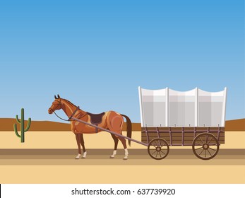 Horse-drawn covered wagon. Vector illustration