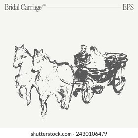 A horse-drawn wedding carriage carrying the bride and groom. Hand drawn vector illustration, sketch.
