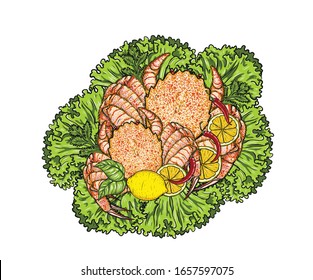 Horsehair Crab with lemon and vegetable on white background.Horsehair Crab vector art highly detailed in line art style.
