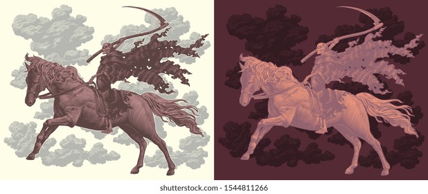 Horseman Death Riding a Horse. Design set. Hand drawn engraving. Editable vector vintage illustration. Isolated on light and dark background. 8 EPS 