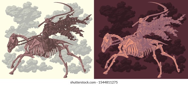 Horseman Death Riding a Horse Skeleton. Design set. Hand drawn engraving. Editable vector vintage illustration. Isolated on light and dark background. 8 EPS 