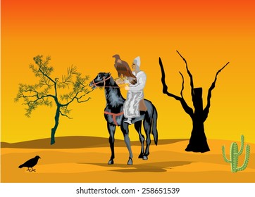 Horseman with eagle hunting illustration