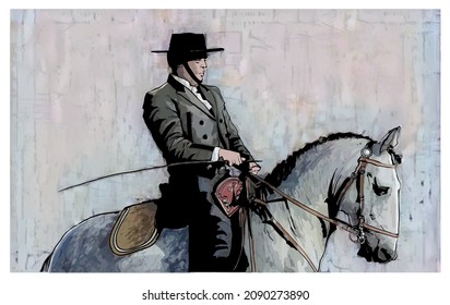 Horseman with hat riding - vector illustration