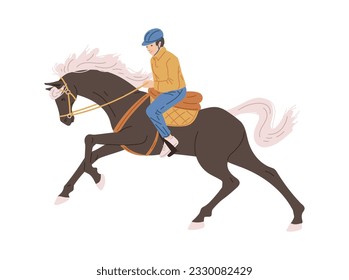 Horseman or jockey rider on racing horse, flat vector illustration isolated on white background. Horse riding and equitation sport logo or emblem design element.