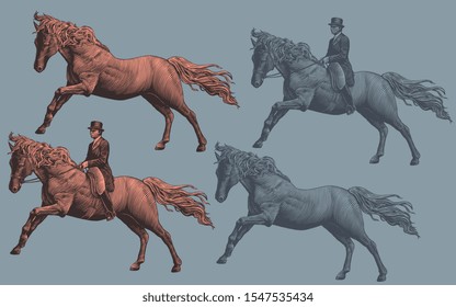 Horseman on a horse. Dressage. Design set. Hand drawn engraving. Editable vector vintage illustration. Isolated on color background. 8 EPS 