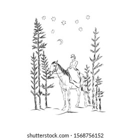 Horseman on horse in the forest at night. Starry sky with the moon. A man in top hat sits astride. Gentleman dressed in a vintage style of the nineteenth century. Drawing for coloring. 
