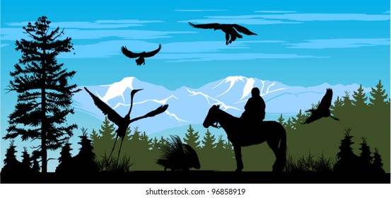 Horseman on the pine wood and snow mountains background