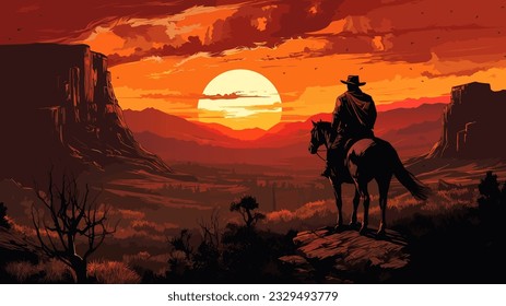 Horseman sitting on a horse in front of a beautiful sunset background with canyons, vector poster.