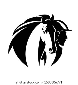 horsemanship black and white vector emblem with horse head and man athlete wearing protection helemet profile 