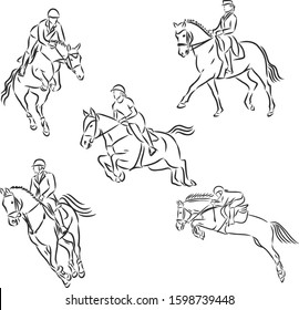 Horsemanship, dressage horse set, vector sketch illustration 