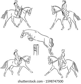 Horsemanship, dressage horse,set, vector sketch illustration 