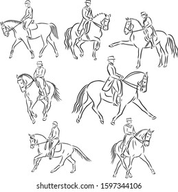 Horsemanship , horse dressage, vector sketch illustration 