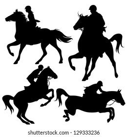 horsemen fine vector silhouettes - horseback jockeys black detailed outlines over white (horses are not merged with riders and can be easily edited)