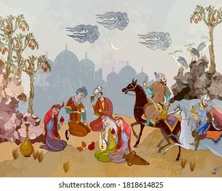 Horsemen and oasis. Fairy tales and legends of the Middle East. Medieval miniature. Mughal art. Persian frescoes. Travel of heroes. Ancient civilization murals. Ottoman Empire  