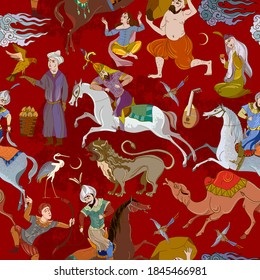 Horsemen and oasis. Fairy tales and legends of the Middle East. Medieval miniature. Seamless pattern. Persian frescoes. Travel of heroes. Ancient civilization murals. Ottoman Empire 