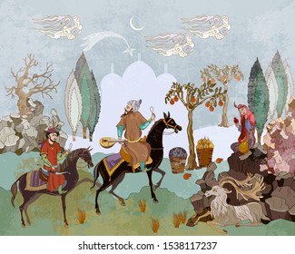 Horsemen and oasis. Persian frescoes. Travel of heroes. Ancient civilization murals. Ottoman Empire. Fairy tales and legends of the Middle East. Medieval miniature. Mughal art 