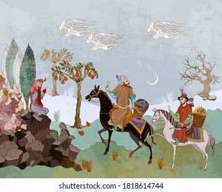 Horsemen and oasis. Travel of heroes. Ancient civilization murals. Ottoman Empire. Fairy tales and legends of the Middle East. Medieval miniature. Mughal art. Persian frescoes 