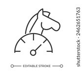 Horsepower linear icon. Horse and speedometer. Power measurement. Vehicle performance. Motor strength and efficiency. Thin line illustration. Contour symbol. Vector outline drawing. Editable stroke