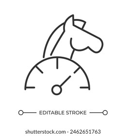 Lineares Pferdestärken-Symbol. Pferd und Tachometer. Leistungsmessung. Fahrzeugleistung. Motorstärke und Effizienz. Dünne Linien-Illustration. Kontursymbol Umrisszeichnung der Vektorgrafik. Bearbeitbarer Strich