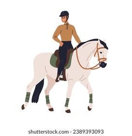 Horseriding. Equine rider riding horseback. Equestrian, horseman during walk, stroll. Happy human on stallion, steed, sitting in saddle. Flat vector illustration isolated on white background