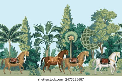 Horses animals, trees, plants and palms seamless border. Forest botanical wallpaper.