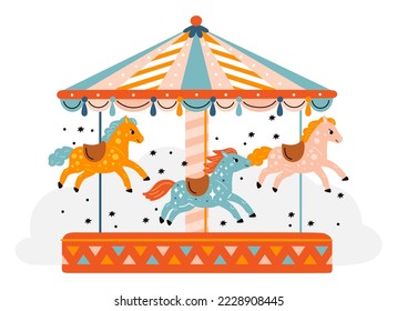 Horses carousel. Kids park attraction. Carnival wheel with funny ponies. Decorative equine animals. Round rides. Rotating entertainment device. Funfair roundabout. Garish