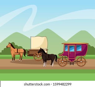 horses classics carriage over landscape background, colorful design, vector illustration
