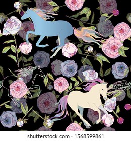 Horses with colored manes and tails. Leaves, stems and inflorescences of peonies and roses vector illustration. Picture with pink, blue and white flowers on black background. Endless pattern. EPS10