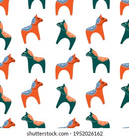 Horses colored seamless pattern. Animal print. Dala horse vector design for textile, wrapping paper, packaging, kids stuff, background.