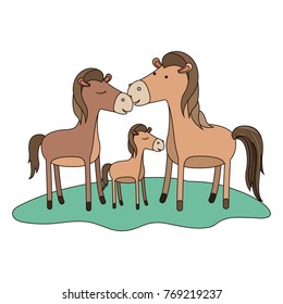 horses couple and foal over grass in colorful silhouette on white background