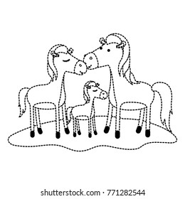 horses couple and foal over grass in black dotted contour