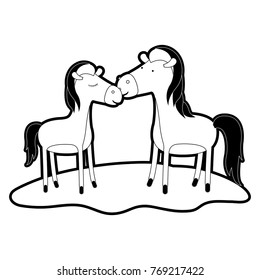 horses couple over grass with black sections silhouette and thick contour