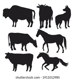 horses and cows black animals silhouettes isolated icons vector illustration design