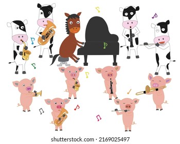 Horses, cows and pigs sing songs and play musical instruments.