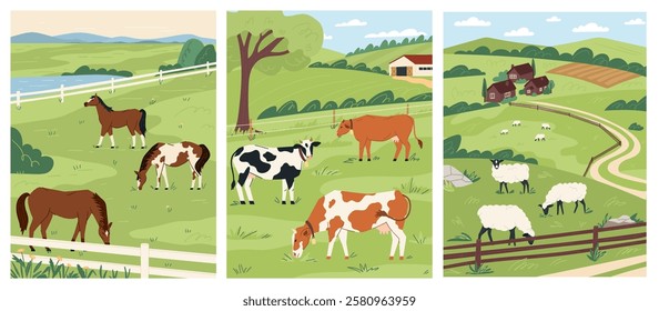 Horses, cows, and sheep are grazing in a lush green field surrounded by rolling hills and farmlands, showcasing a serene and thriving livestock farming environment. Vector set