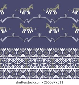 Cavalos em um ponto de cruz padrão vetor sem costura em um fundo azul. Estilo escandinavo. Padrão de pixel. Ornamento popular. Bordado ucraniano. Para papel de parede, tapeçaria, tapetes, cortinas e têxteis.
