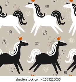 Horses with crowns, hand drawn backdrop. Colorful seamless pattern with animals. Decorative cute wallpaper, good for printing. Overlapping background vector. Design illustration