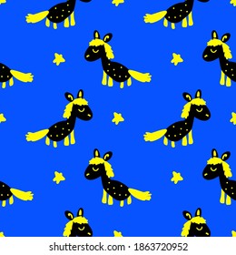 The horses are dark against the blue starry sky. Pattern for textiles, fabric, background, packaging paper, Wallpaper.